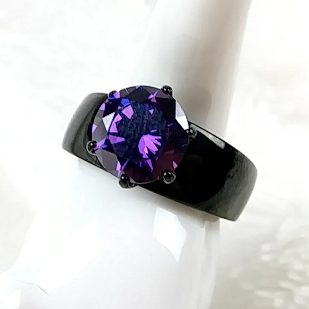 Goth Purple Solitaire Black Stainless Steel Ring - Picture 9 of 14